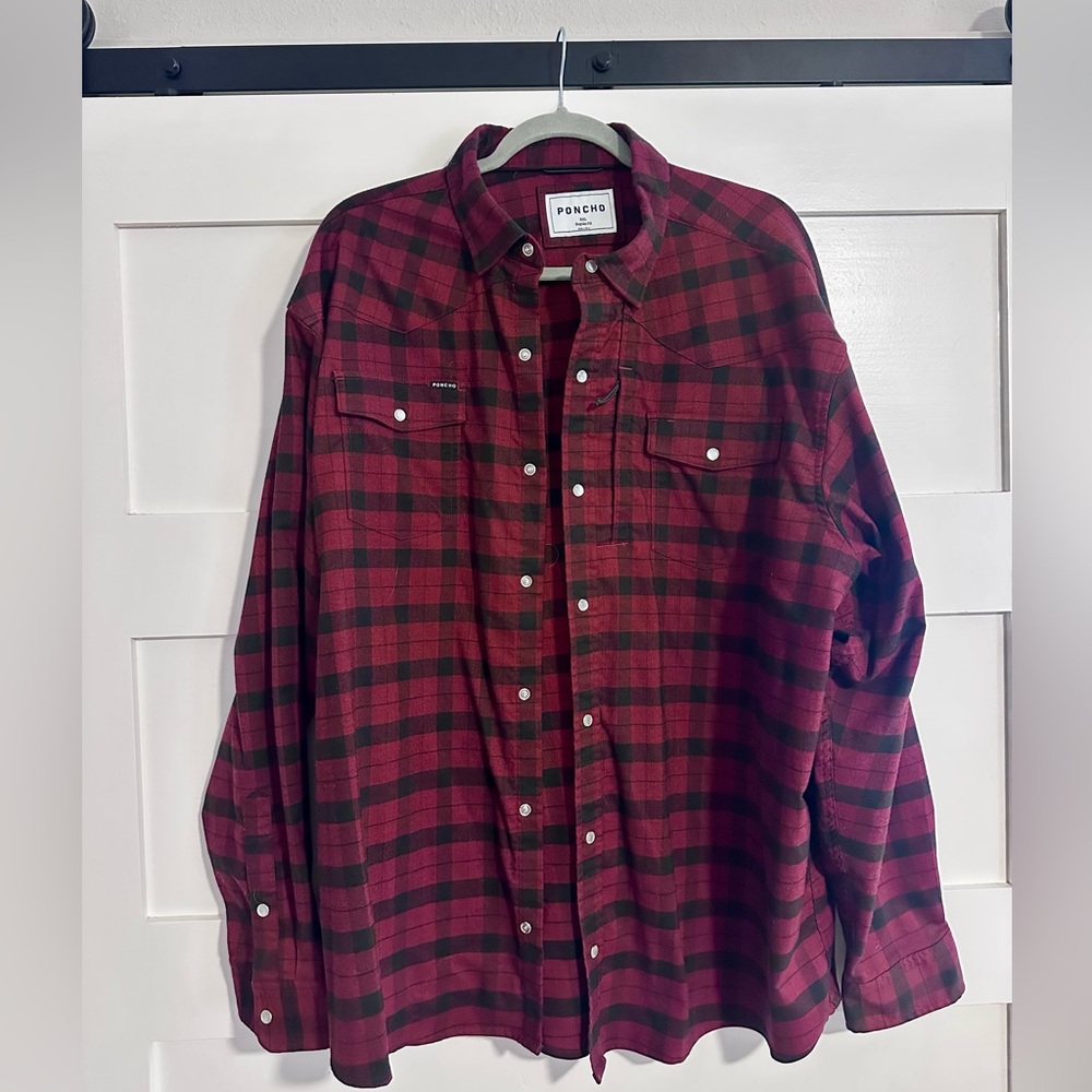 Men's Red and Black Plaid pearl snap flannel Button-Down Shirt